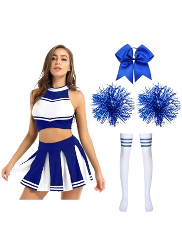 Hedmy Damen Cheer Leader Kostüm Uniform Ärmellos Bauchfrei Oberteil mit Faltenrock mit Haarband Pompons und Socken Karneval Verkleidung Blau A L von Hedmy