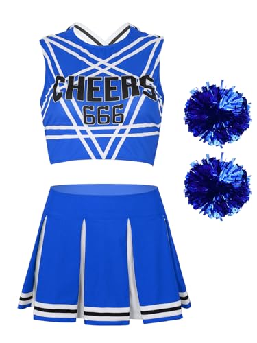 Hedmy Damen Cheerleading Uniform Cheer Leader Pompons Ärmellos Crop Top mit Minirock für Halloween Party Verkleidung Blau A L von Hedmy