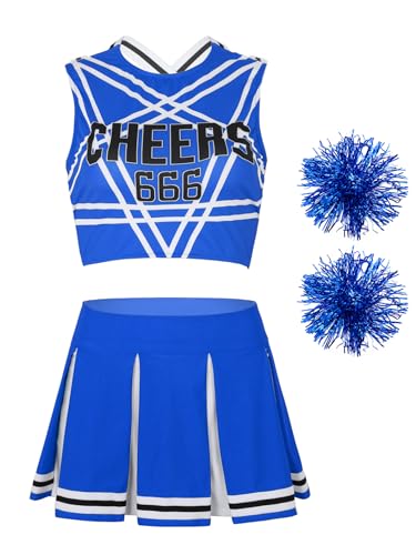 Hedmy Damen Cheerleading Uniform Cheer Leader Pompons Ärmellos Crop Top mit Minirock für Halloween Party Verkleidung Blau B L von Hedmy