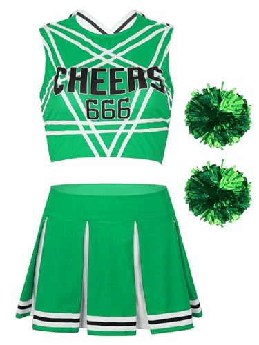 Hedmy Damen Cheerleading Uniform Cheer Leader Pompons Ärmellos Crop Top mit Minirock für Halloween Party Verkleidung Grün A S von Hedmy