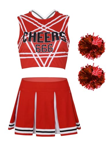 Hedmy Damen Cheerleading Uniform Cheer Leader Pompons Ärmellos Crop Top mit Minirock für Halloween Party Verkleidung Rot A S von Hedmy