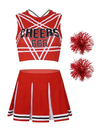 Hedmy Damen Cheerleading Uniform Cheer Leader Pompons Ärmellos Crop Top mit Minirock für Halloween Party Verkleidung Rot B L von Hedmy