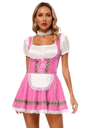 Hedmy Damen French Maid Outfit Hausmädchen Cosplay Kostüm Kurzarm Dienstmädchen Kleid mit Spitzenstirnband Nachtwäsche Rosa A M von Hedmy