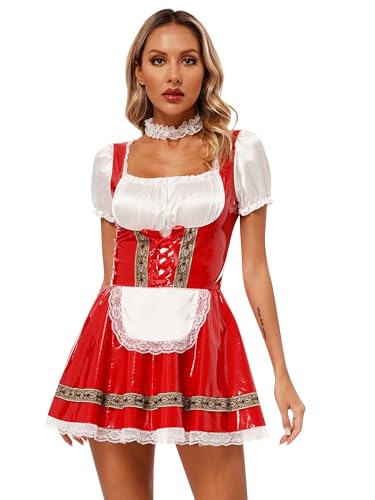 Hedmy Damen French Maid Outfit Hausmädchen Cosplay Kostüm Kurzarm Dienstmädchen Kleid mit Spitzenstirnband Nachtwäsche Rot A L von Hedmy