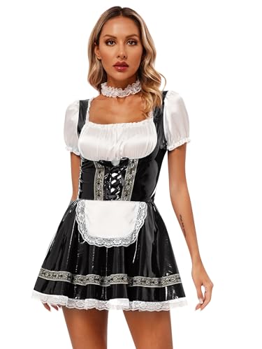 Hedmy Damen French Maid Outfit Hausmädchen Cosplay Kostüm Kurzarm Dienstmädchen Kleid mit Spitzenstirnband Nachtwäsche Schwarz A XXL von Hedmy