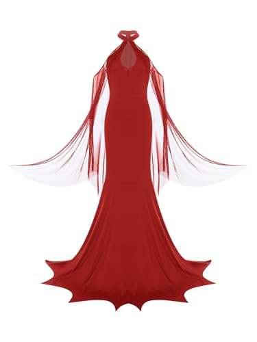 Hedmy Damen Halloween Kostüm Teufel Kleid Mit Netz Umhang Frauen Faschingskostüme Satan Cosplay Mottoparty Outfit Rot 3XL von Hedmy