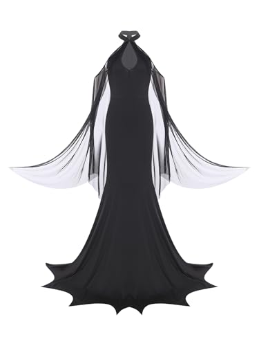 Hedmy Damen Halloween Kostüm Teufel Kleid Mit Netz Umhang Frauen Faschingskostüme Satan Cosplay Mottoparty Outfit Schwarz 3XL von Hedmy