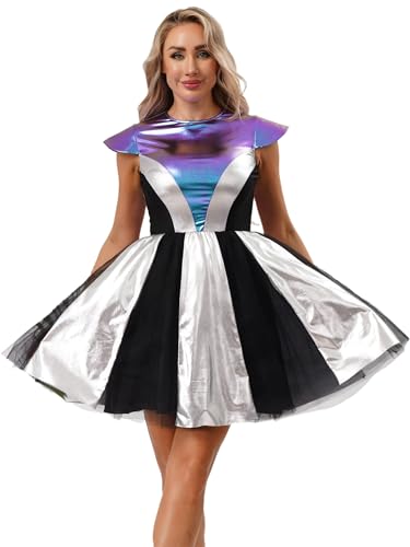 Hedmy Damen Kostüm Alien Space Girl Kleid Silber Metallic Weltraum Kadett Kostüm Karneval Fasching Glitzer Partykleid Bunt M von Hedmy