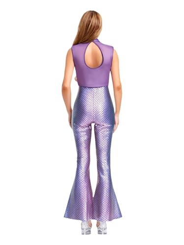 Hedmy Damen Meerjungfrau Kostüm Metallic Fischschuppen Mesh Body Jumpsuit Halloween Faschnacht Schlager Party Outfit Lila 3XL von Hedmy