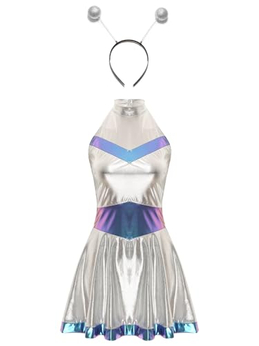 Hedmy Damen Metallic Astronauten Kostüm Pailletten Space Girl Kleid mit Stirnband Fasching Karneval Cosplay Verkleidung Blau XXL von Hedmy