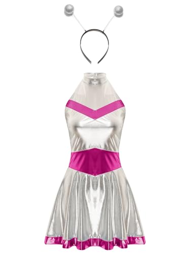 Hedmy Damen Metallic Astronauten Kostüm Pailletten Space Girl Kleid mit Stirnband Fasching Karneval Cosplay Verkleidung Hot Pink XXL von Hedmy