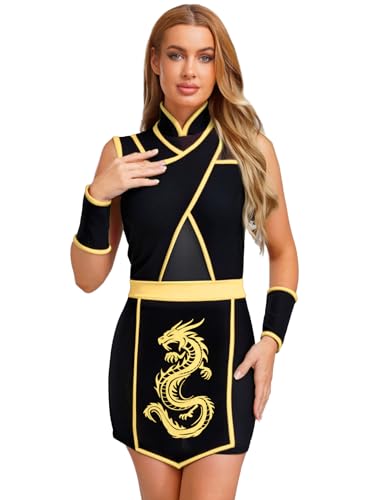Hedmy Damen Ninja Kostüm Warrior Kämpfer Bodysuit Schürze Armband 3er Set Schattenkrieger Cosplay Karneval Faschingskostüme Gelb XXL Hedmy Damen Ninja Kostüm Warrior Kämpfer Bodysuit Schürze Armband 3er Set Schattenkrieger Cosplay Karneval Faschingskostüme Gelb XXL von Hedmy