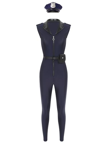 Hedmy Damen Polizei Kostüm Komplett Set Polizist Uniform Overall mit Pmit Gürtel Handtasche und Hut Set Navy blau XXL von Hedmy