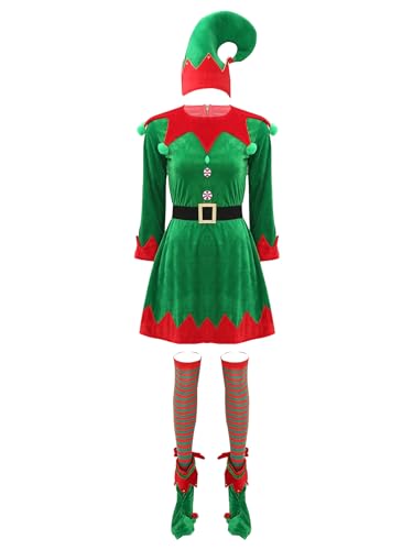 Hedmy Damen Weihnachtswichtel Weihnachtskostüm Elfenkleidung Komplett-Set Weihnachtskleid + Elfenmützen + Elfenschuhe + Gürtel + Socken Grün S von Hedmy