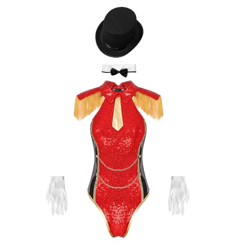 Hedmy Damen Zirkus Kostüm Ärmellose Bodysuit Einteiler Body mit Fransen Zirkus Uniform Hut Krawatte und Handschuhen Halloween Karneval Outfits Rot L von Hedmy