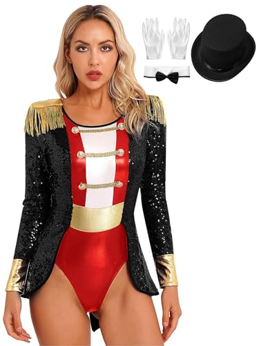 Hedmy Damen Zirkus Kostüm Bodysuit Langarm Einteiler Body mit Fransen Glänzend Zirkus Uniform Cosplay Halloween Karneval Fasching Outfits Schwarz 4XL von Hedmy