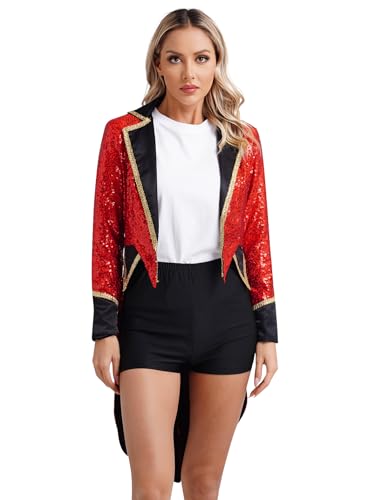 Hedmy Damen Zirkus Kostüm Halloween Pailletten Frack Revers Langarm Jacke Zirkusdirektorin Mantel Jäckchen Fasching Karneval Kostüm Rot 3XL von Hedmy