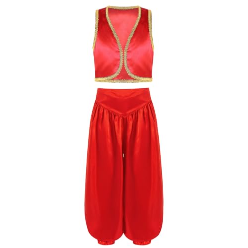 Hedmy Kinder Arabian Jungen Kostüm Set Weste mit Hose Halloween Karneval Fasching Cosplay Bekleidungsset Rot 122-128 von Hedmy