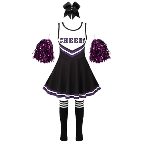 Hedmy Kinder Cheer Leaderin Kostüm Mädchen Cheerleading Kurzarm Kleid mit Pompoms Socken und Kopfbedeckung Halloween Tanzkostüme Schwarz 122-128 von Hedmy