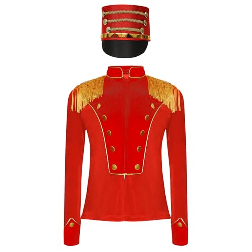 Hedmy Kinder Jungen Mädchen Zirkus Kostüm Langarm Jacke Fransen Epauletten Mantel mit Hut Cosplay Fasching Verkleiduung Rot 146-152 von Hedmy