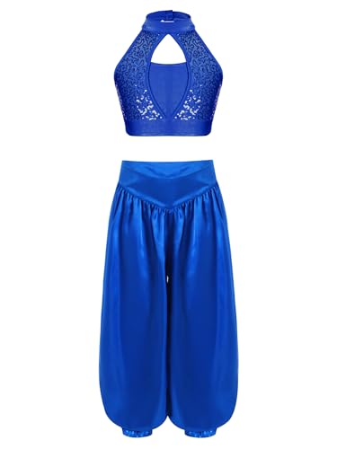 Hedmy Kinder Mädchen Bauchtanz Kostüm Set Pailletten Crop Top mit Hosen Fasching Karneval Tanz Hip Hop Kleidung Blau 110-116 Hedmy Kinder Mädchen Bauchtanz Kostüm Set Pailletten Crop Top mit Hosen Fasching Karneval Tanz Hip Hop Kleidung Blau 110-116 von Hedmy