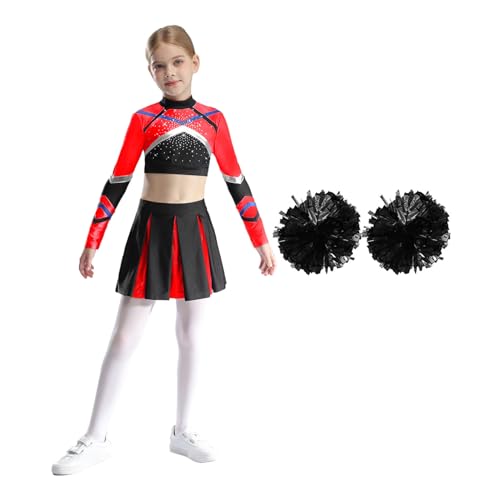 Hedmy Kinder Mädchen Cheerleadering Cheer Outfit Ärmellos Crop Top mit Minirock und Handblumen Karneval Kostüm Rot 122-128 von Hedmy