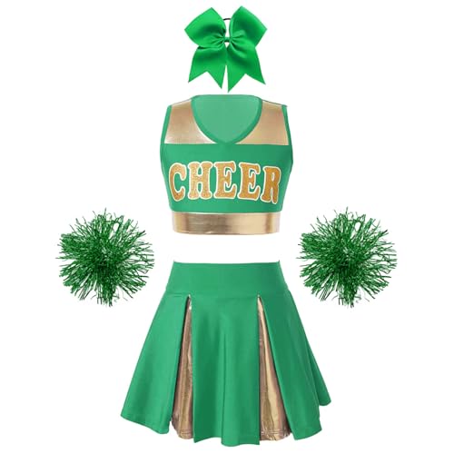 Hedmy Kinderkostüm Cheerleadering Kostüm Cheer Uniformen mit Pompons und Haarzubehör Mädchen Cheer Outfit Karneval Kostüm B Grün 134-140 von Hedmy
