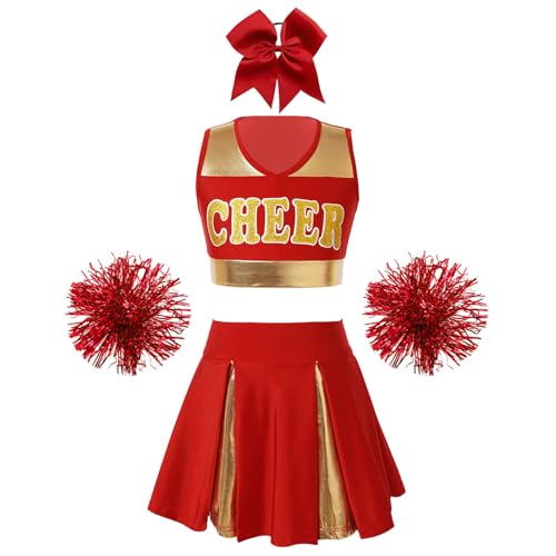Hedmy Kinderkostüm Cheerleadering Kostüm Cheer Uniformen mit Pompons und Haarzubehör Mädchen Cheer Outfit Karneval Kostüm B Rot 110-116 von Hedmy