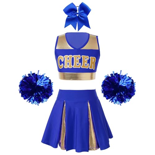 Hedmy Kinderkostüm Cheerleadering Kostüm Cheer Uniformen mit Pompons und Haarzubehör Mädchen Cheer Outfit Karneval Kostüm Ein blaues 158-164 von Hedmy
