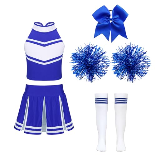 Hedmy Kinderkostüm Cheerleading Mädchen Cheer Uniformen mit Pompons Socken und Haarzubehör Halloween Kostüm B Blau 122-128 von Hedmy