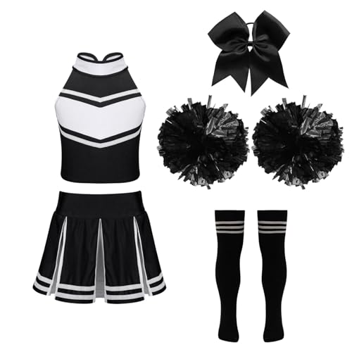 Hedmy Kinderkostüm Cheerleading Mädchen Cheer Uniformen mit Pompons Socken und Haarzubehör Halloween Kostüm Ein Schwarz-Weiß 134-140 von Hedmy