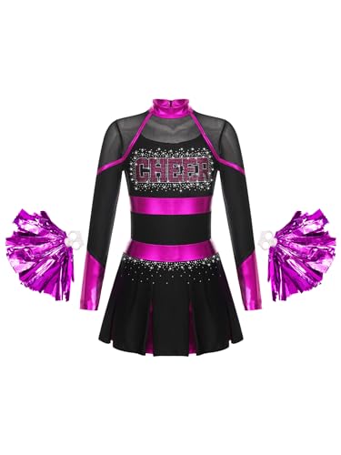 Hedmy Mädchen Cheer Leader Kostüm Cheerleaderin Kleid Langarm Patchwork Tanzkleid für Halloween Party Karneval Schwarz & Hot Pink 170 von Hedmy