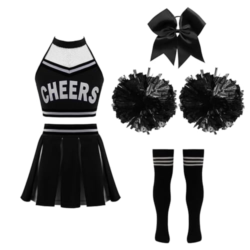 Hedmy Mädchen Cheerleadering Kostüm Ärmellos Tank Top + Minirock + Socken + Kopfschmuck + Pompom für Fancy Dress Halloween Ein Schwarz-Weiß 122-128 von Hedmy