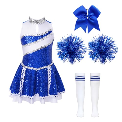 Hedmy Mädchen Cheerleadering Kostüm Kinder Cheer Outfit Tanzkleid mit Pompons Socken und Kopfschmuck Halloween Karneval B Blau 146-152 von Hedmy