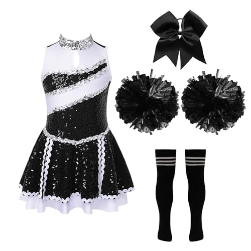 Hedmy Mädchen Cheerleadering Kostüm Kinder Cheer Outfit Tanzkleid mit Pompons Socken und Kopfschmuck Halloween Karneval Ein Schwarz-Weiß 134-140 von Hedmy