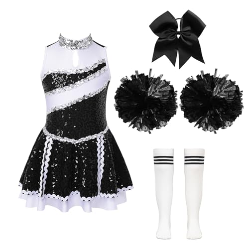 Hedmy Mädchen Cheerleadering Kostüm Kinder Cheer Outfit Tanzkleid mit Pompons Socken und Kopfschmuck Halloween Karneval Ein Weiß&Schwarz 146-152 von Hedmy
