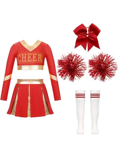Hedmy Mädchen Cheerleading Kostüm Kinder 2Tlg Langarm Crop Tops mit Rock Pompoms Socken Karneval Fasching Party Verkleidung B Rot 134-140 von Hedmy