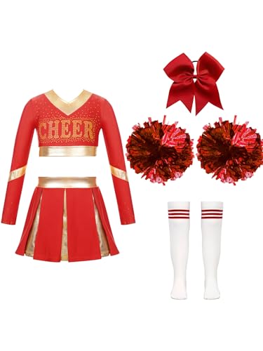 Hedmy Mädchen Cheerleading Kostüm Kinder 2Tlg Langarm Crop Tops mit Rock Pompoms Socken Karneval Fasching Party Verkleidung Ein Rot 122-128 von Hedmy