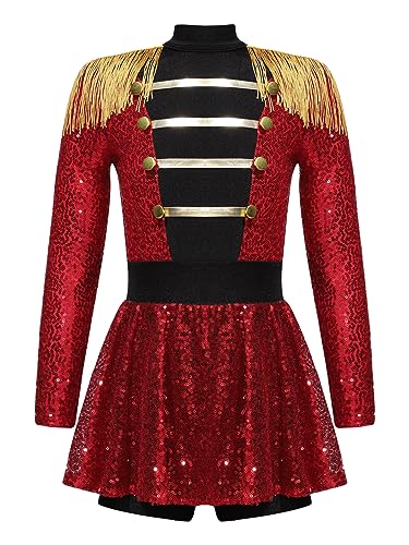 Hedmy Mädchen Zirkus Kostüm Zirkusdirektorin Langarm Kostümkleid mit Shorts Pailletten Tanzkleid Partykleid Karneval Cosplay Kleidung Rot 158-164 von Hedmy