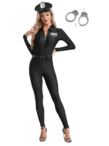 Hedmy Polizei Kostüm Damen Erwachsene Polizistin Uniform Langarm Overall mit Polizei Zubehör Cosplay Kostüm Schwarz XXL von Hedmy