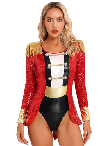 Hedmy Zirkusdirektorin Kostüm Damen Zirkus Bodysuit Einteiler Body mit Fransen Glitzer Halloween Fasching Kostüm Rot XXL von Hedmy