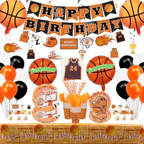 Basketball-Party-Dekoration – Zubehör für Basketball-Geburtstagsfeiern, einschließlich 4 Basketball-Luftballons, Teller, Becher, Servietten, hängende Wirbel, Banner und Luftballons – für 20 Personen Basketball-Party-Dekoration – Zubehör für Basketball-Geburtstagsfeiern, einschließlich 4 Basketball-Luftballons, Teller, Becher, Servietten, hängende Wirbel, Banner und Luftballons – für 20 Personen von Hegbolke