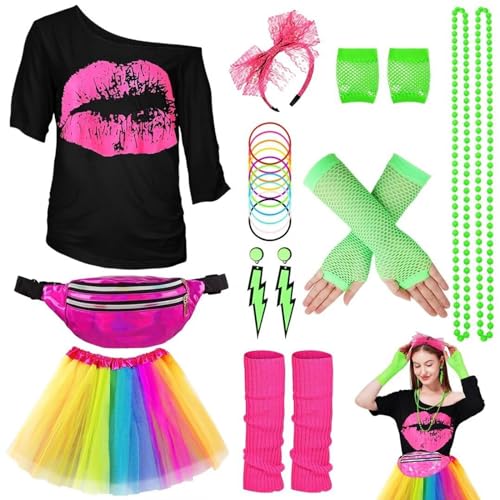 80er Jahre Outfit Damen, 90er Jahre Kostüm Kleidung Accessoires mit T-Shirt,Bauchtasche, Stirnband, Beinwärmer, Armbänder, Brille und Ohrring für Karneval Neon Party Damen Fasching KostüMe Damen von Hehiy