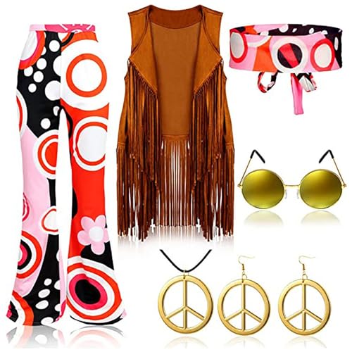 Hehiy 60er 70er Jahre Hippie Kostüm Damen Set mit Fransenweste Schlaghose Damen 70er Hippie Accessoires Hippie Kleidung Damen Kostüm 70er Jahre Bekleidung Damen 70er jahre kostüm kostüme 20er jahre von Hehiy