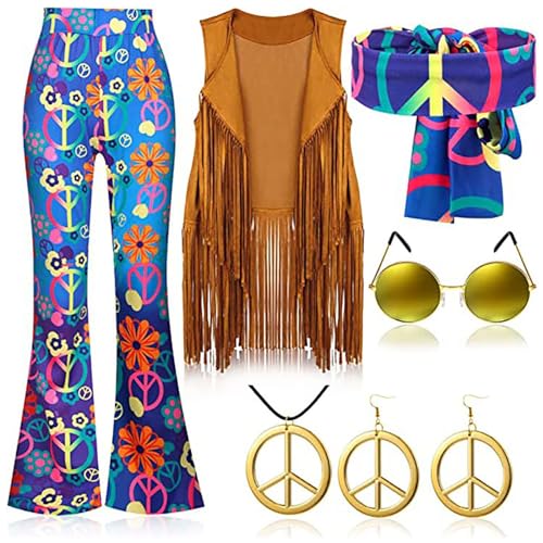 Hehiy Hippie Kleidung Damen Set mit Hippie Oberteil Schlaghose Damen Accessoires 60er 70er Bekleidung Damen Hippie Kostüm 80er outfit coole kostüme damen fasching von Hehiy