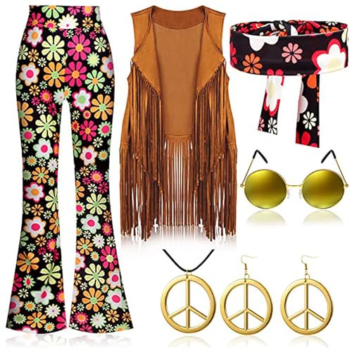 Hehiy Hippie Kleidung Damen Set mit Hippie Oberteil Schlaghose Damen Accessoires 60er 70er Bekleidung Damen Hippie Kostüm 80iger jahre outfit damen faschingskostüme damen lustig von Hehiy