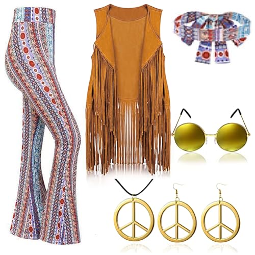 Hehiy Hippie Kleidung Damen Set mit Hippie Oberteil Schlaghose Damen Accessoires 60er 70er Bekleidung Damen Hippie Kostüm faschingskostüme erwachsene kostüme damen 80er jahre von Hehiy