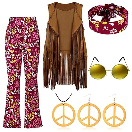 Hehiy Hippie Kostüm Damen Set mit Fransen Weste ärmellose 70er Jahre Damenhose und Hippie Kleidung Damen zubehör 60er 70er Hippie Bekleidung faschingskostüm karnevalskostüme für frauen von Hehiy