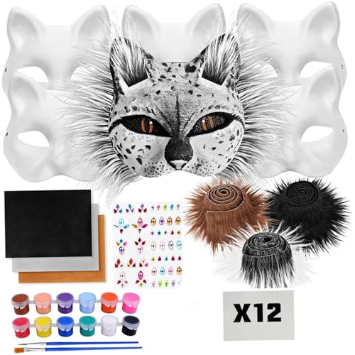 Das Therian Mask Kit enthält 6 DIY Blank Cat Maske mit 3 Kunstfell, 12 Augennetzblech, 3 Filzstoff, 12-Farben-Farben, 1 Aufkleber und 2 Pinsel für Halloween-Maskerade-Cosplay-Party, Masken für Erwach von Heidouse