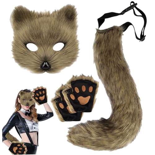 Heidouse Pelzkostüm, 3pcs/Set Therian Maske, pelziger Schwanz mit elastischen Riemen und Pfotenhandschuhen für Fox Cat Wolf Cosplay, Mädchen Frauen Heidouse Pelzkostüm, 3pcs/Set Therian Maske, pelziger Schwanz mit elastischen Riemen und Pfotenhandschuhen für Fox Cat Wolf Cosplay, Mädchen Frauen von Heidouse